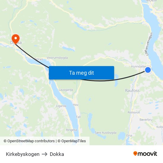 Kirkebyskogen to Dokka map