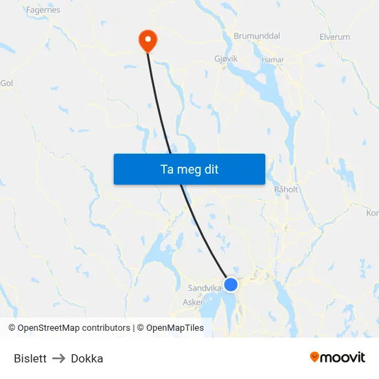 Bislett to Dokka map