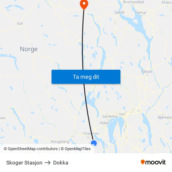Skoger Stasjon to Dokka map
