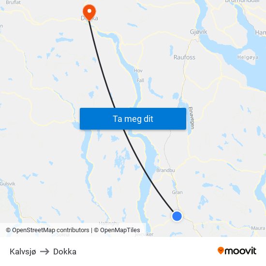 Kalvsjø to Dokka map