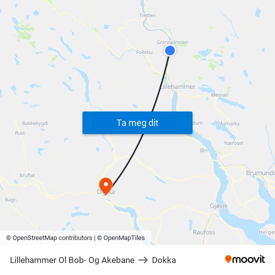 Lillehammer Ol Bob- Og Akebane to Dokka map