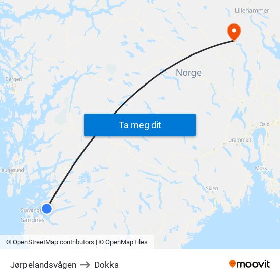 Jørpelandsvågen to Dokka map