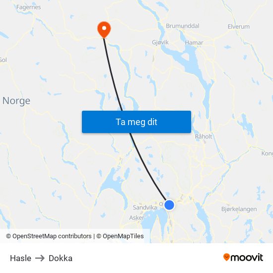 Hasle to Dokka map