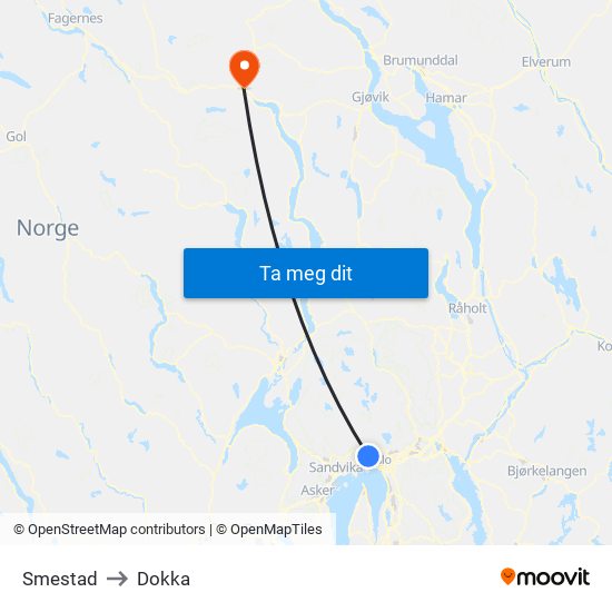 Smestad to Dokka map