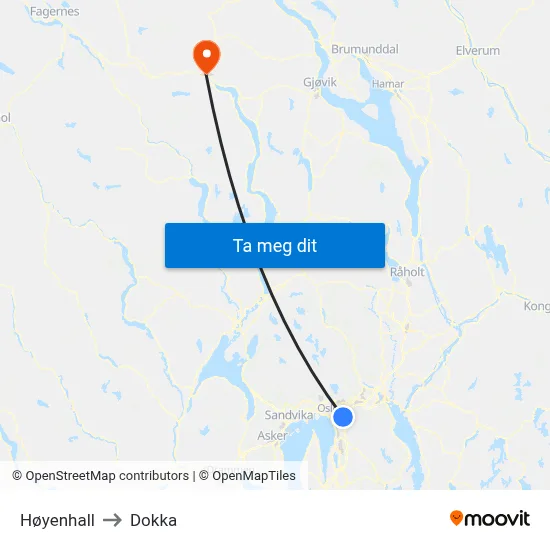 Høyenhall to Dokka map
