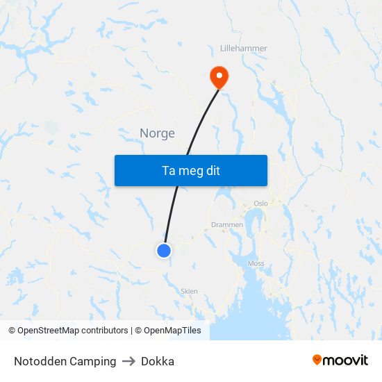 Notodden Camping to Dokka map