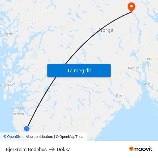 Bjerkreim Bedehus to Dokka map