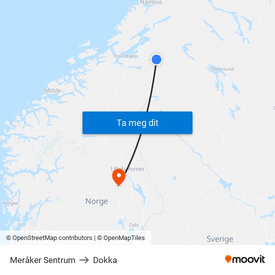 Meråker Sentrum to Dokka map