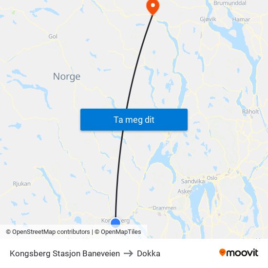 Kongsberg Stasjon Baneveien to Dokka map