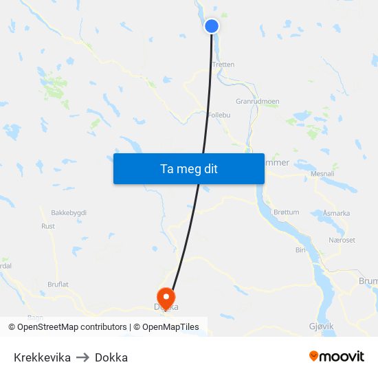 Krekkevika to Dokka map