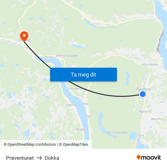 Prøventunet to Dokka map