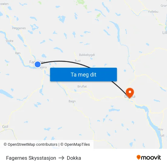 Fagernes Skysstasjon to Dokka map