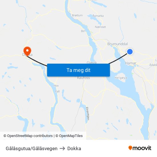 Gålåsgutua/Gålåsvegen to Dokka map