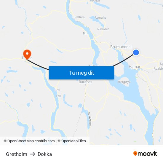 Grøtholm to Dokka map