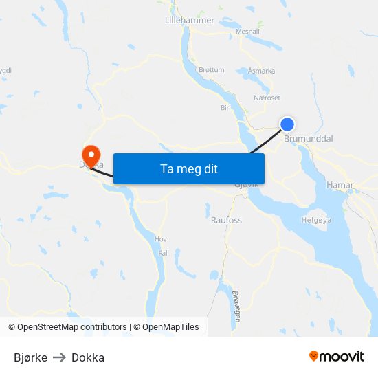 Bjørke to Dokka map
