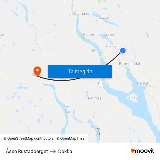 Åsen Rustadberget to Dokka map