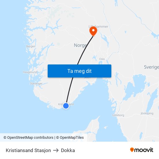 Kristiansand Stasjon to Dokka map