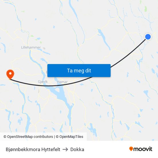 Bjønnbekkmora Hyttefelt to Dokka map