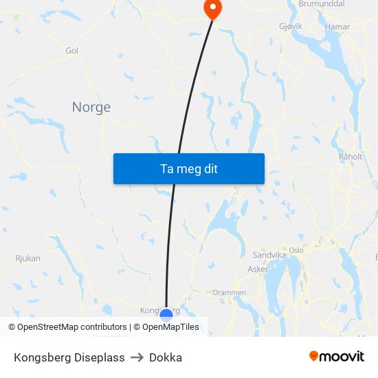 Kongsberg Diseplass to Dokka map