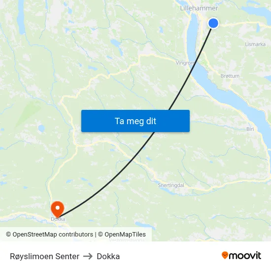 Røyslimoen Senter to Dokka map