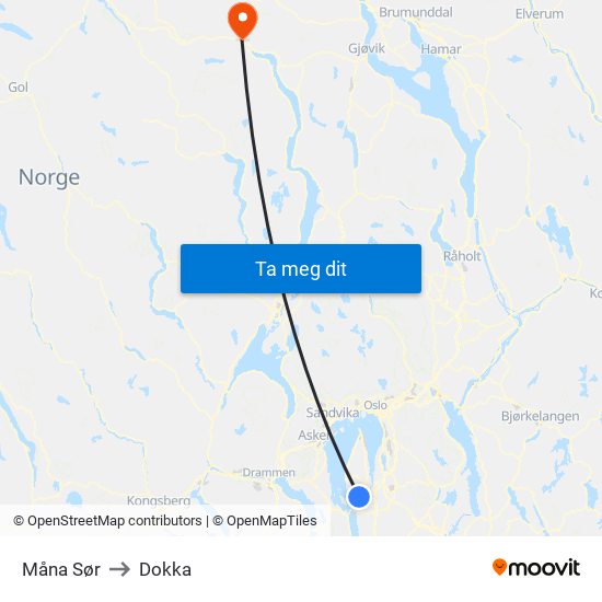 Måna Sør to Dokka map