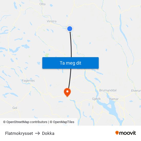 Flatmokrysset to Dokka map
