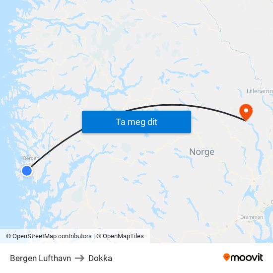 Bergen Lufthavn to Dokka map