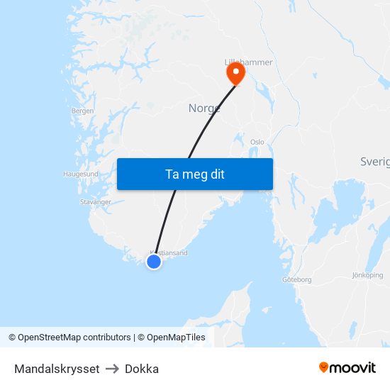 Mandalskrysset to Dokka map