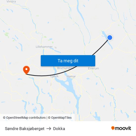 Søndre Baksjøberget to Dokka map