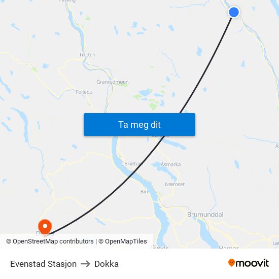 Evenstad Stasjon to Dokka map