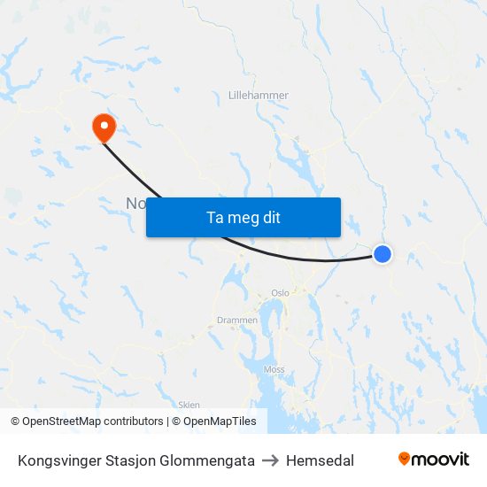Kongsvinger Stasjon Glommengata to Hemsedal map