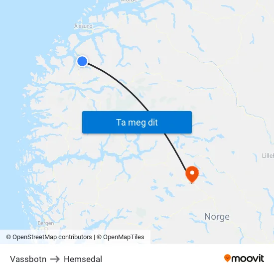 Vassbotn to Hemsedal map