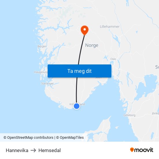 Hannevika to Hemsedal map