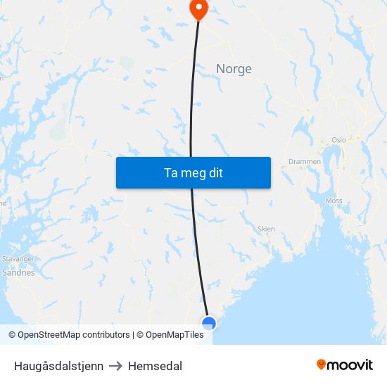 Haugåsdalstjenn to Hemsedal map