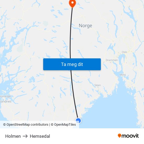 Holmen to Hemsedal map