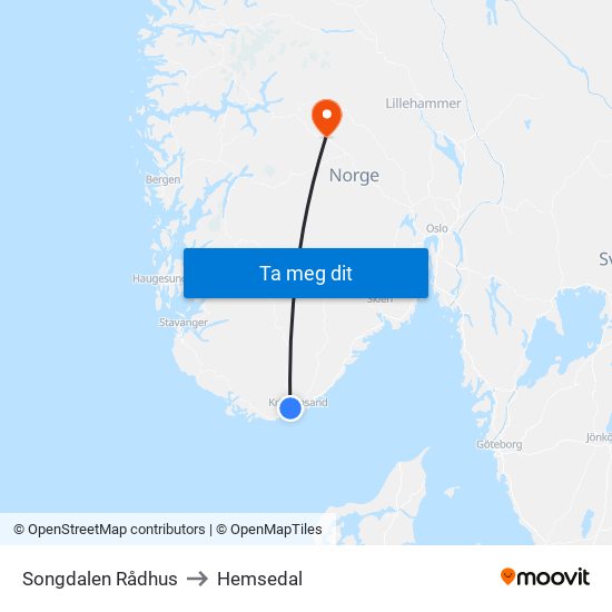 Songdalen Rådhus to Hemsedal map