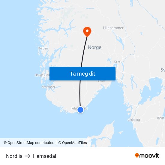 Nordlia to Hemsedal map