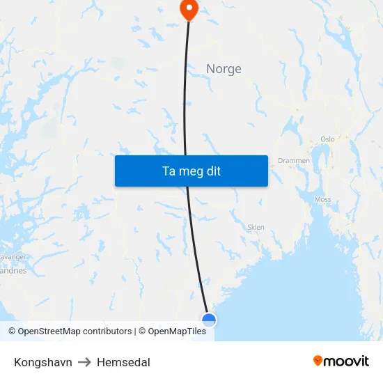 Kongshavn to Hemsedal map