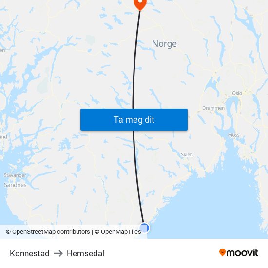 Konnestad to Hemsedal map