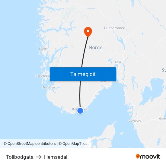 Tollbodgata to Hemsedal map
