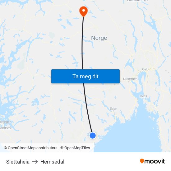 Slettaheia to Hemsedal map