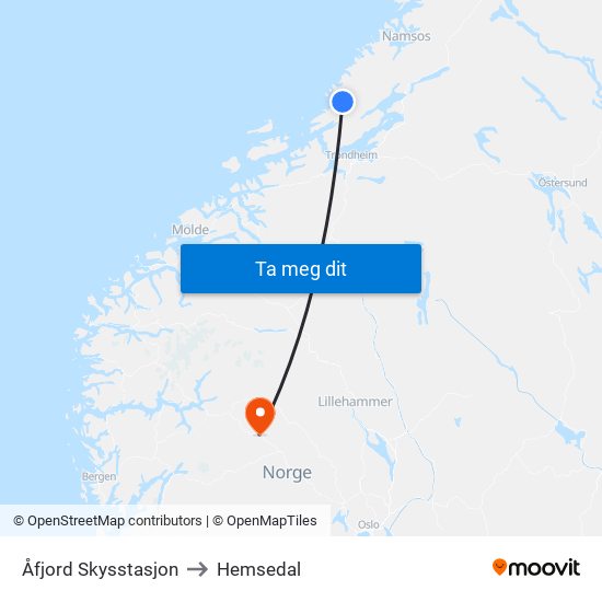 Åfjord Skysstasjon to Hemsedal map