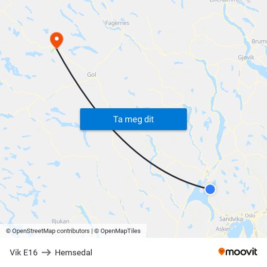 Vik E16 to Hemsedal map