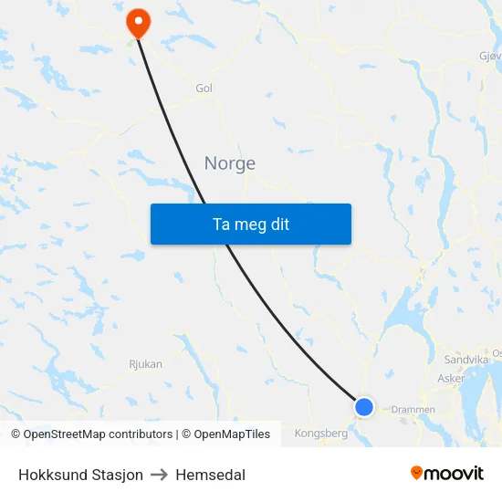 Hokksund Stasjon to Hemsedal map