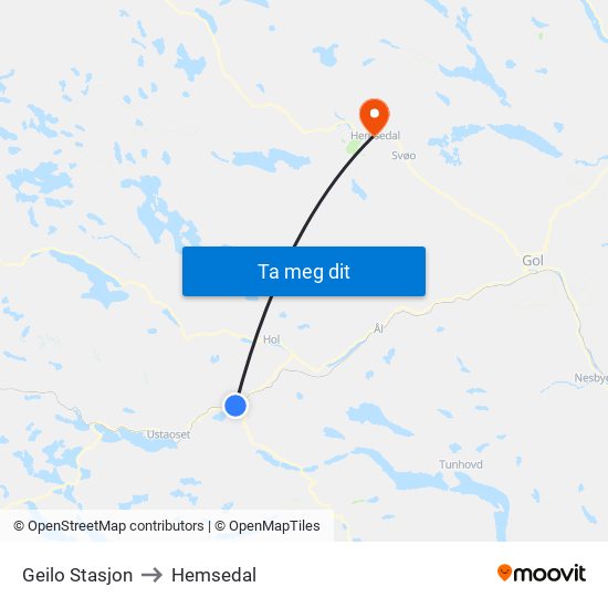 Geilo Stasjon to Hemsedal map