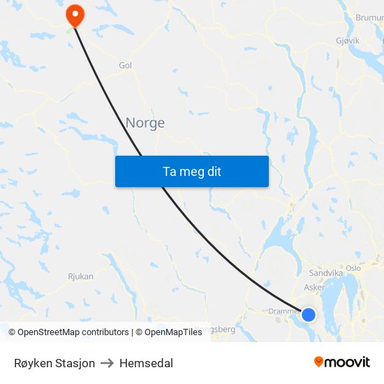Røyken Stasjon to Hemsedal map