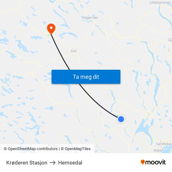 Krøderen Stasjon to Hemsedal map