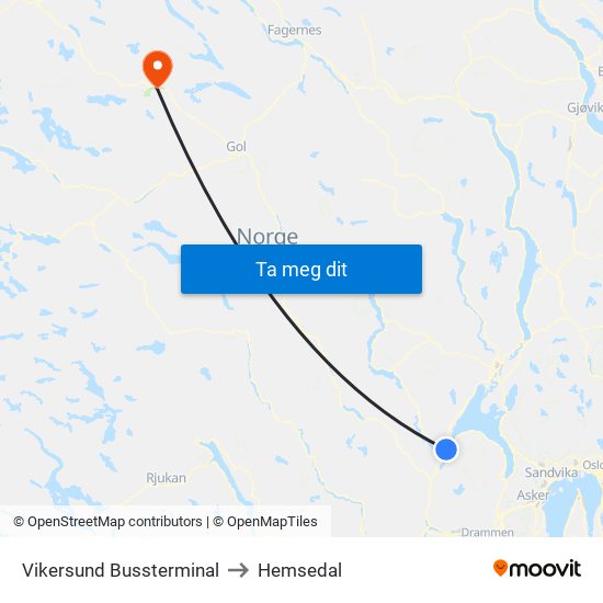 Vikersund Bussterminal to Hemsedal map