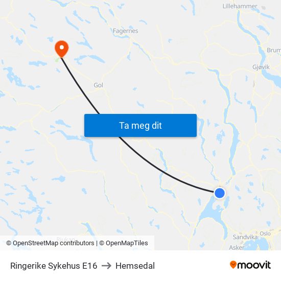 Ringerike Sykehus E16 to Hemsedal map