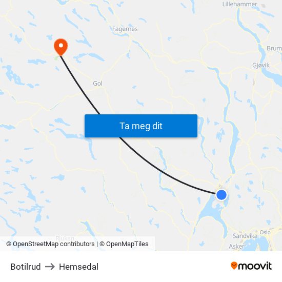 Botilrud to Hemsedal map
